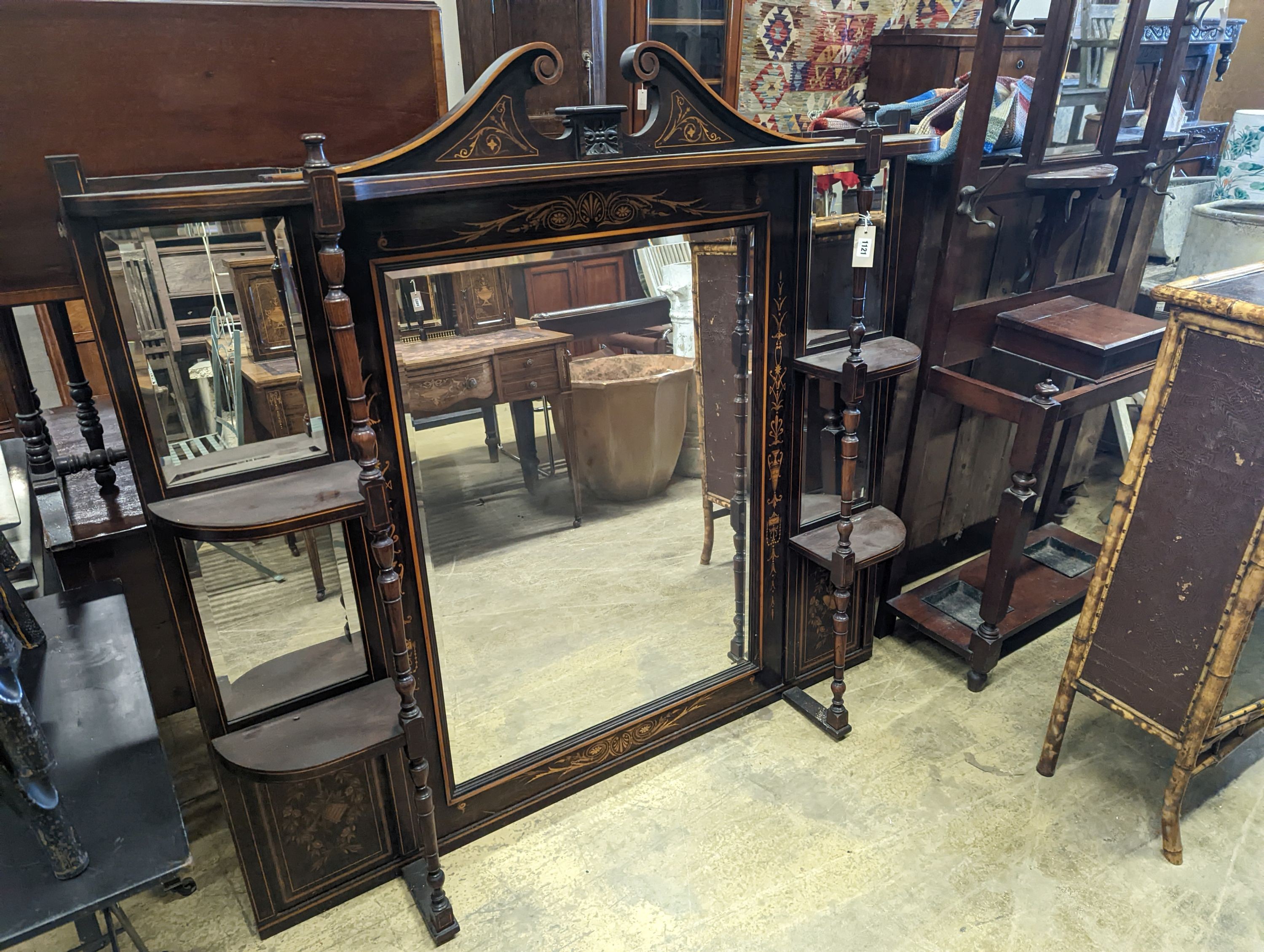 A late Victorian marquetry inlaid rosewood overmantel mirror, width 150cm, height 140cm